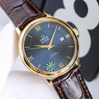 Omega watch with blue dial, gold bezel, Roman numerals, and brown leather strap