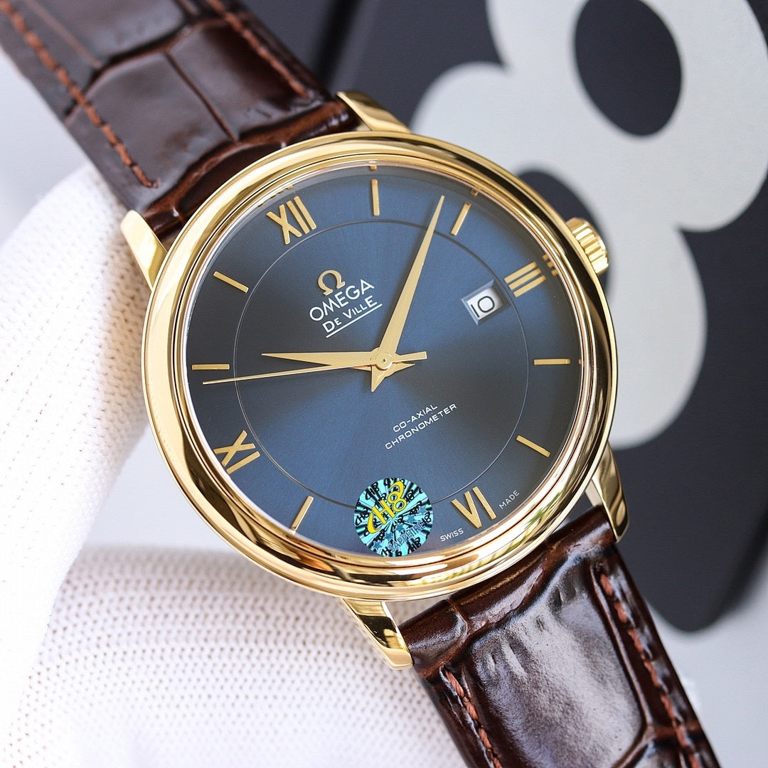 Omega watch with blue dial, gold bezel, Roman numerals, and brown leather strap