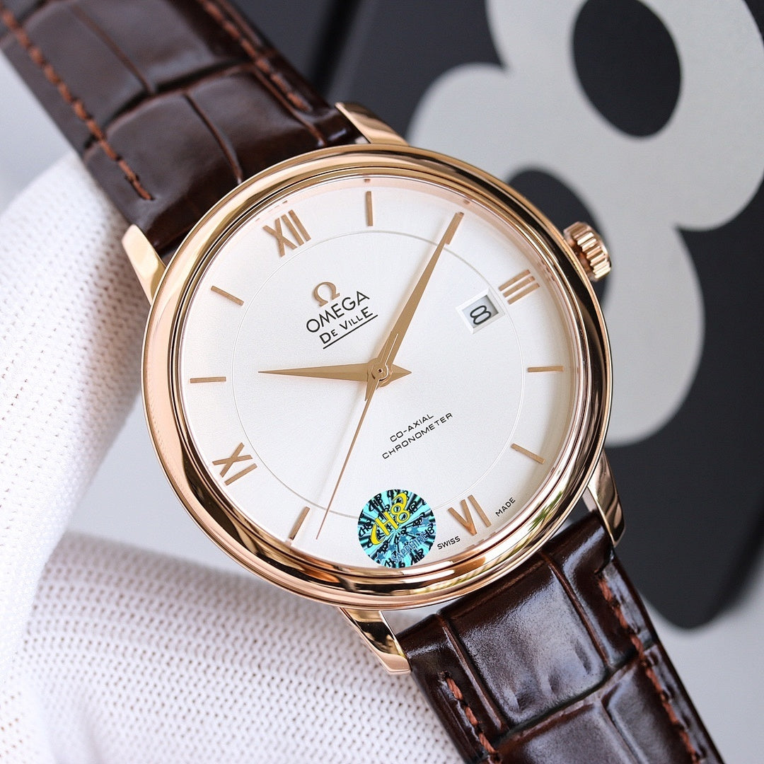 Omega watch with white dial, gold case, Roman numerals, and brown leather strap