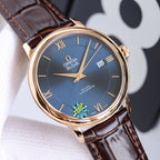 Omega watch with blue dial, gold case bezel, and brown leather strap