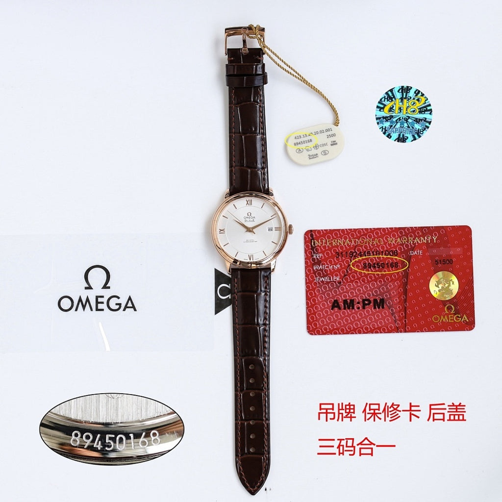 Omega watch on brown leather strap with round white dial and buckle clasp
