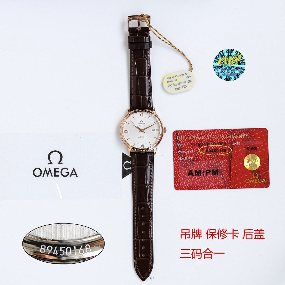 Omega watch on brown leather strap with round white dial and buckle clasp