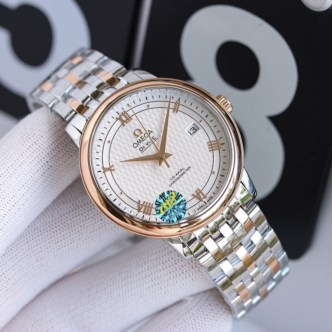 Stainless steel wristwatch with gold-tone bezel, white dial, and metal link bracelet