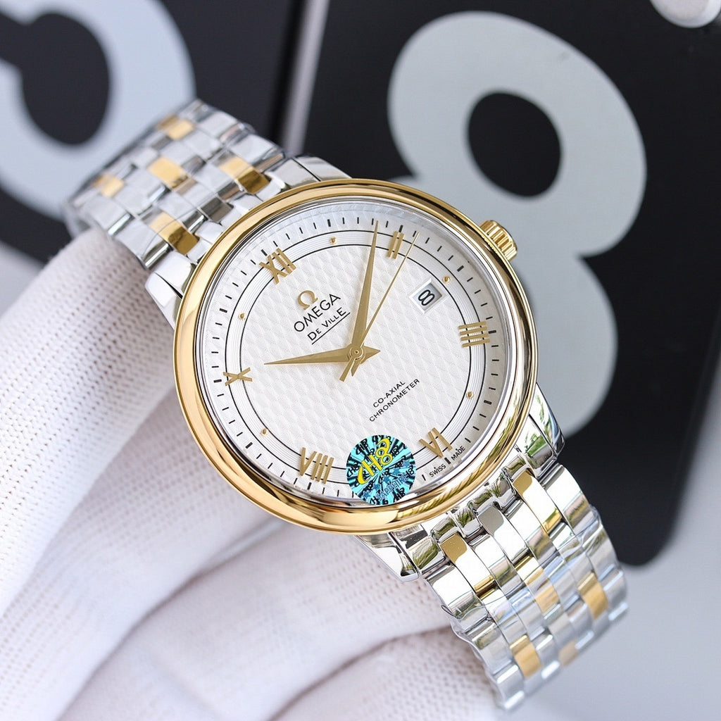 Stainless steel wristwatch with gold-tone bezel and white dial on metal bracelet