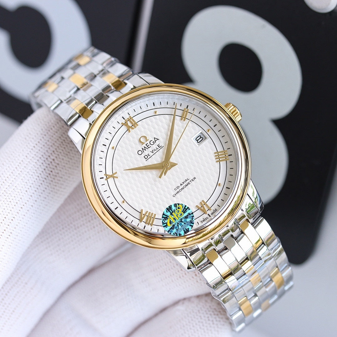 Stainless steel wristwatch with gold-tone bezel and white dial on metal bracelet