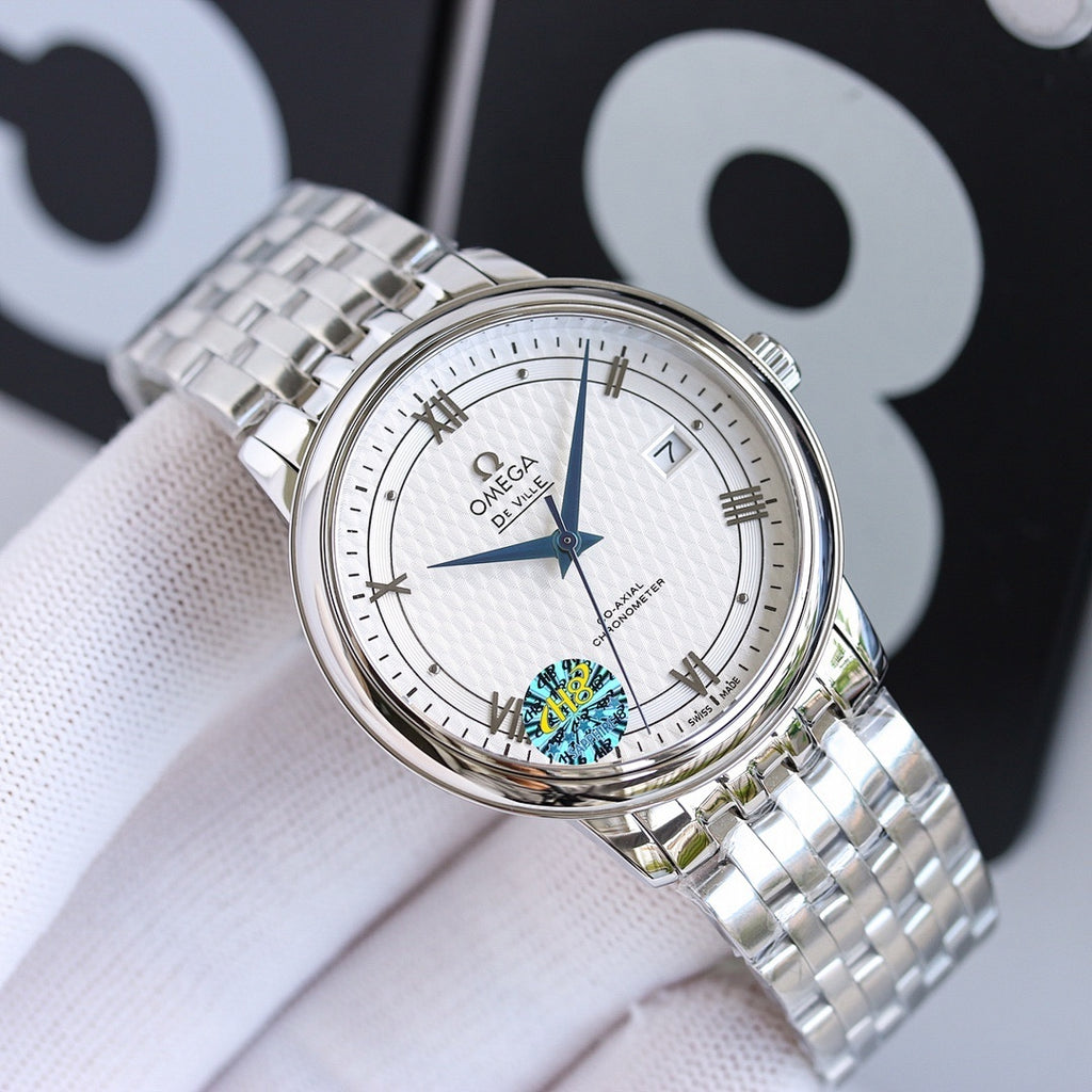 Stainless steel wristwatch with silver bezel, white dial, and metal link bracelet