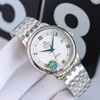 Stainless steel wristwatch with silver bezel, white dial, and metal link bracelet