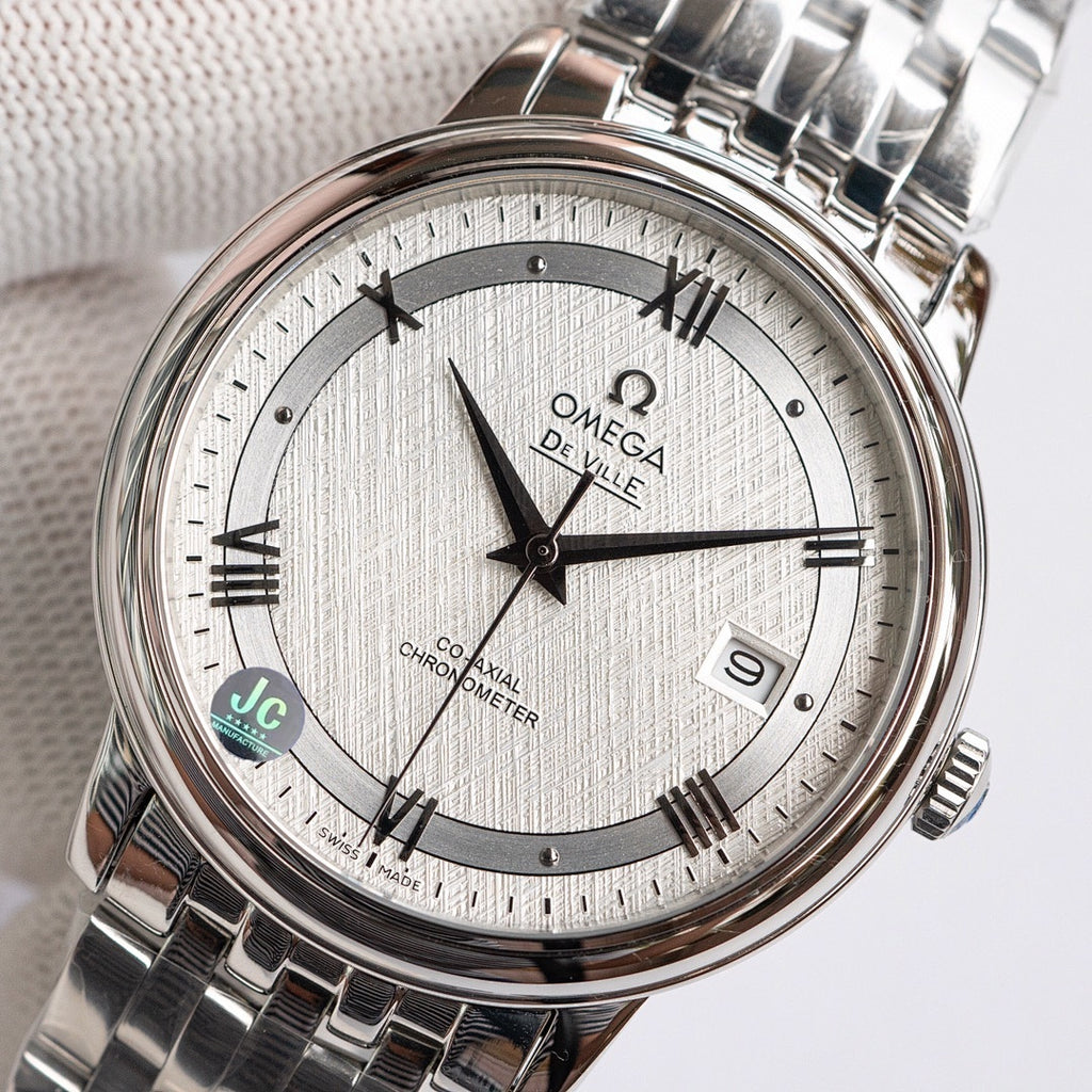 Omega De Ville watch with silver-tone metal bracelet and white dial, black hands and markers