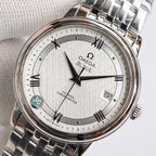 Omega De Ville watch with silver-tone metal bracelet and white dial, black hands and markers