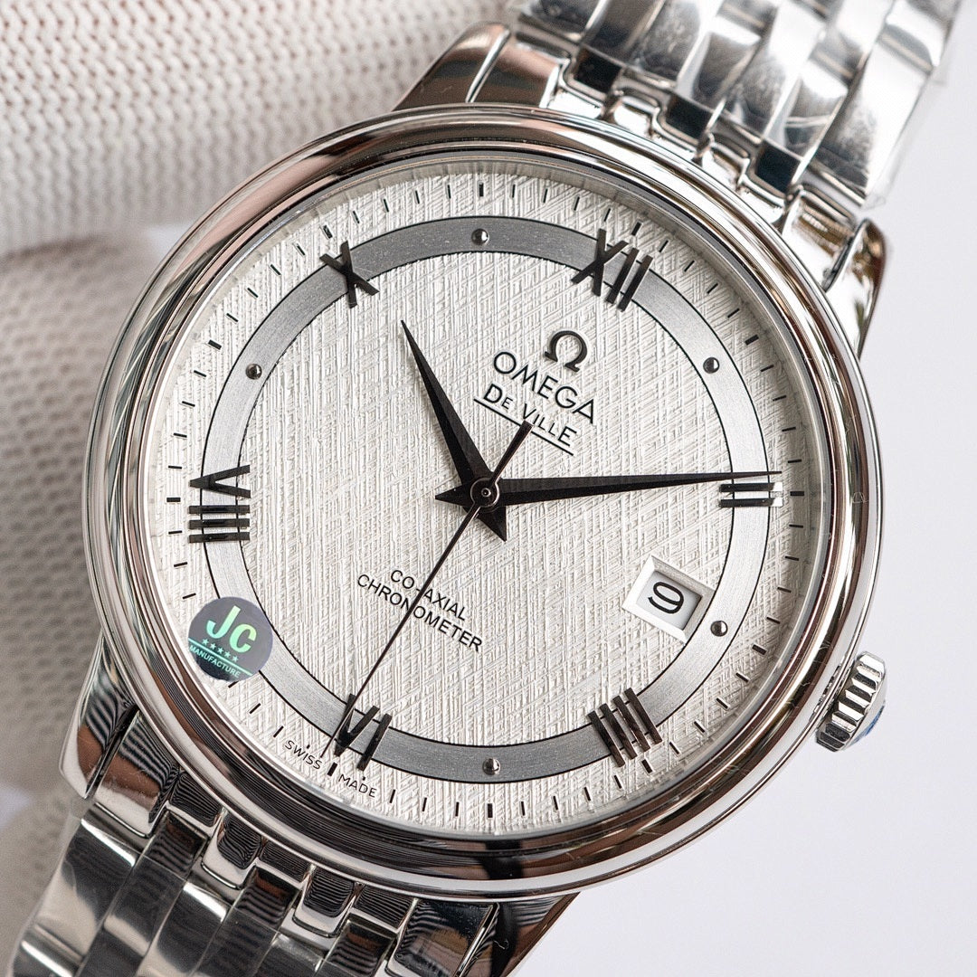 Omega De Ville watch with silver-tone metal bracelet and white dial, black hands and markers