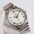 Omega De Ville watch with silver-tone metal bracelet and white dial, black hour markers