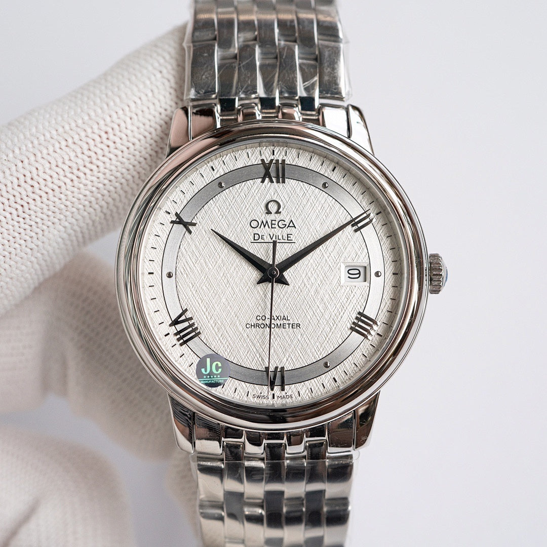 Omega De Ville watch front view with silver-tone metal bracelet and white dial, date window