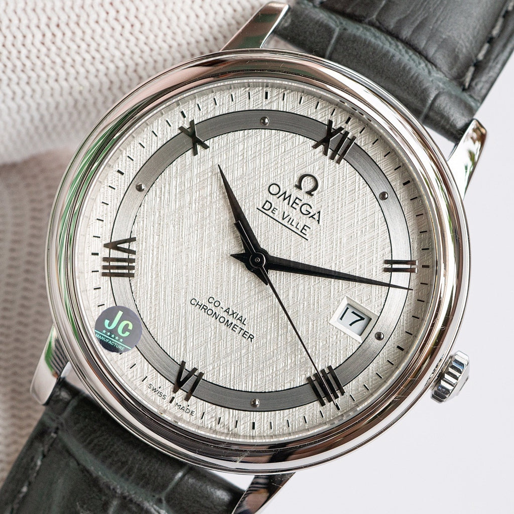 Omega De Ville watch with black leather strap and white dial, black hands and date window