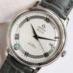 Omega De Ville watch with black leather strap and white dial, black hands and date window