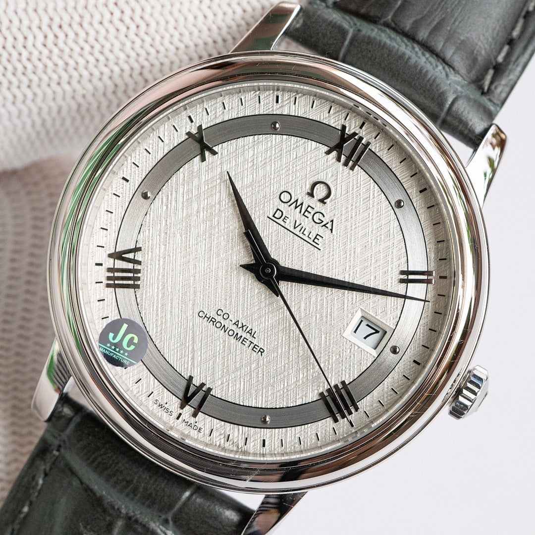Omega De Ville watch with black leather strap and white dial, black hands and date window