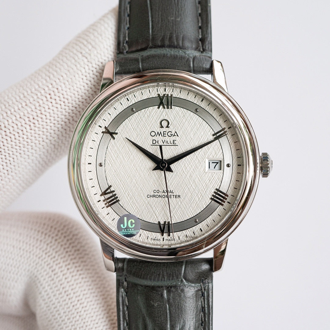 Omega De Ville watch with black leather strap, white dial, and date window at 3 o'clock