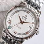 Omega wristwatch with white dial, rose-gold hands, date window, steel bracelet