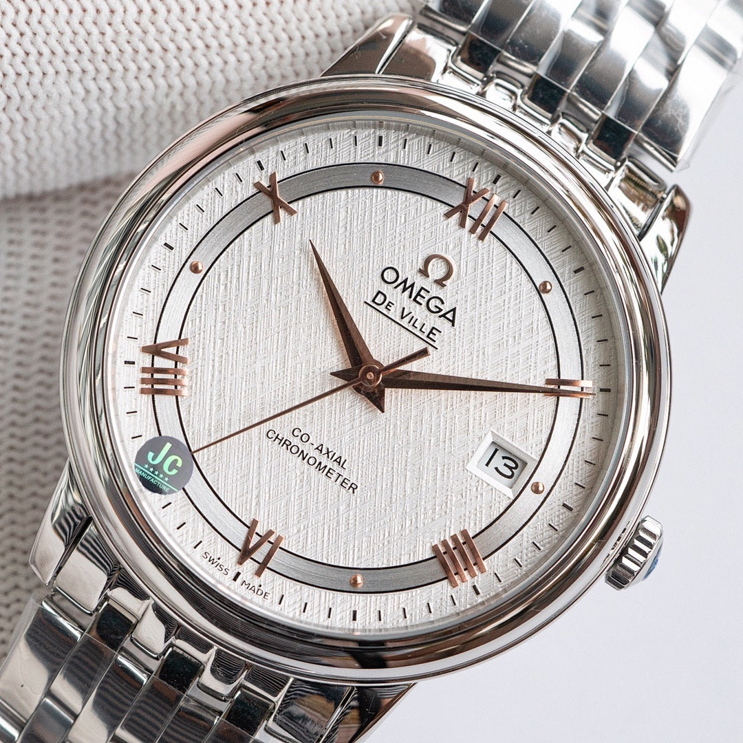 Omega wristwatch with white dial, rose-gold hands, date window, steel bracelet