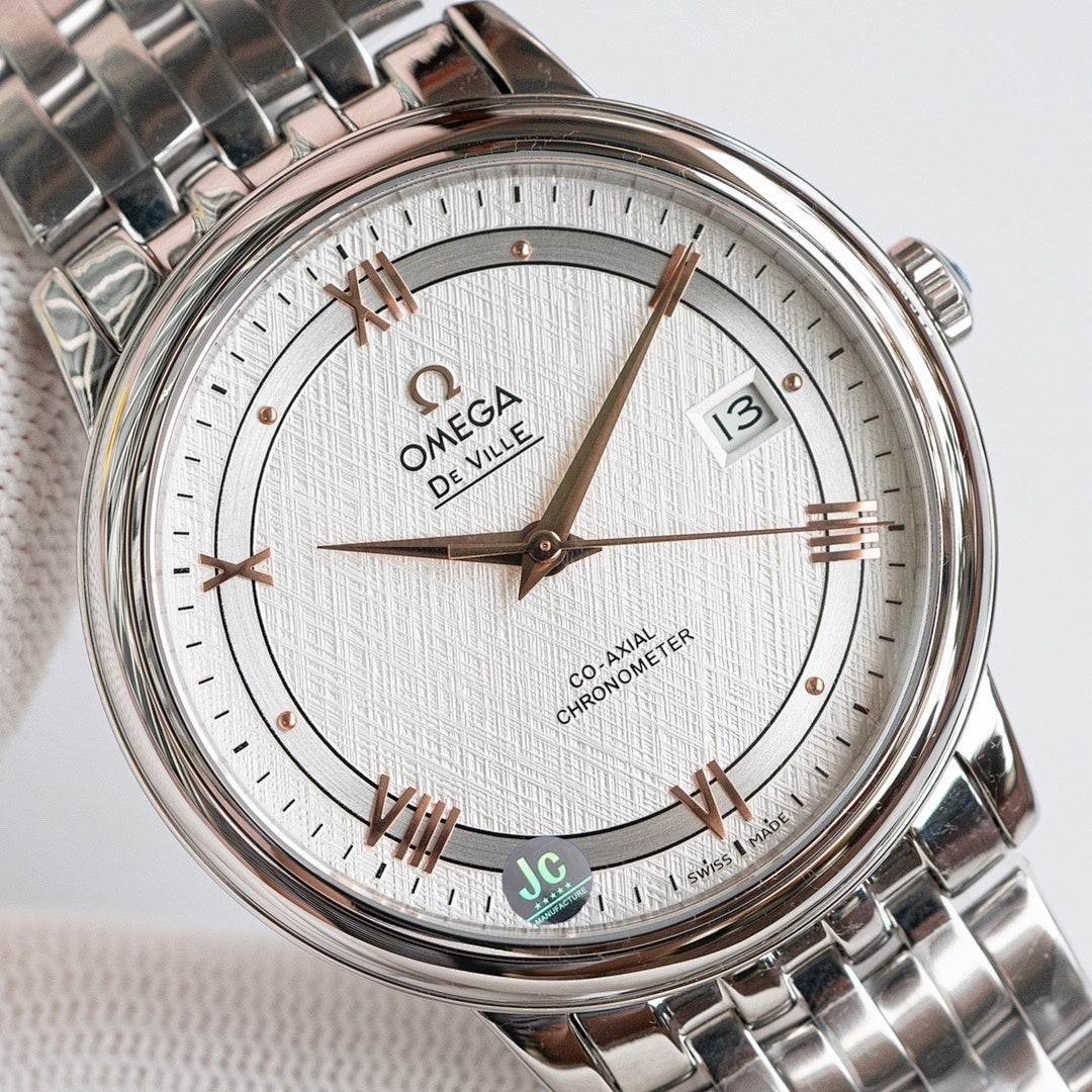 Omega wristwatch with textured white dial, rose-gold hands, date window, steel bracelet