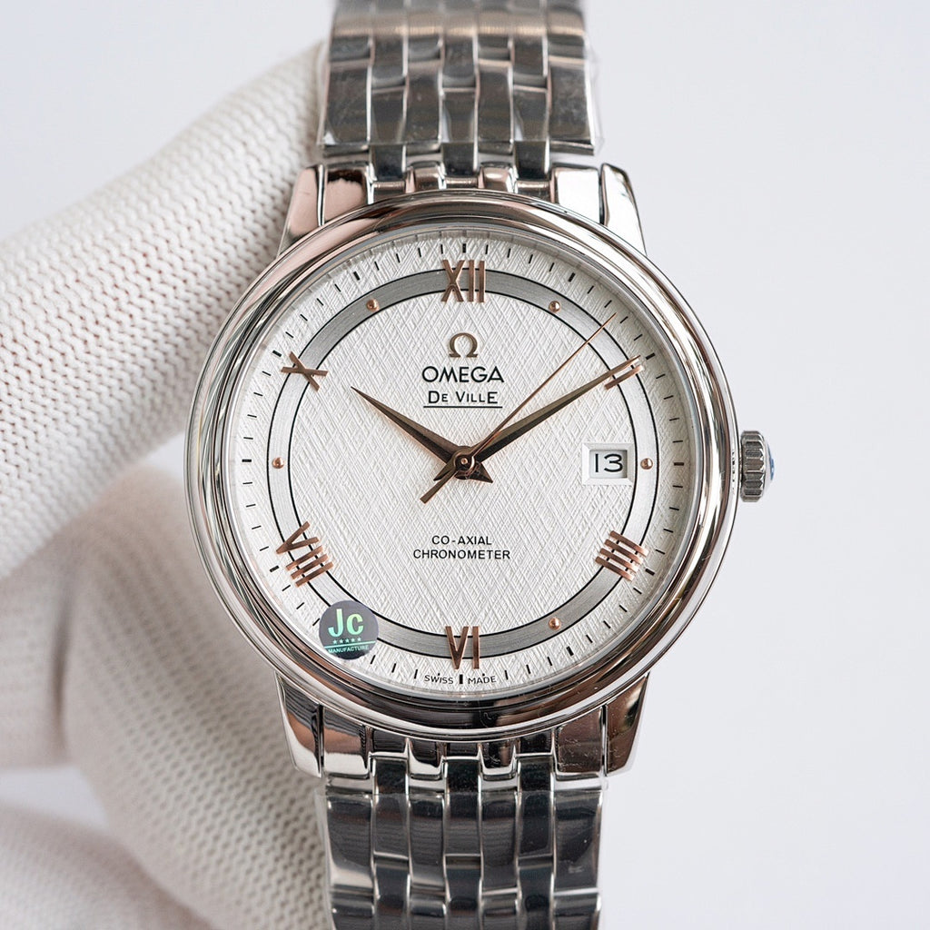 Omega wristwatch with white dial, rose-gold markers, date window at 3, steel bracelet