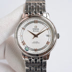 Omega wristwatch with white dial, rose-gold markers, date window at 3, steel bracelet