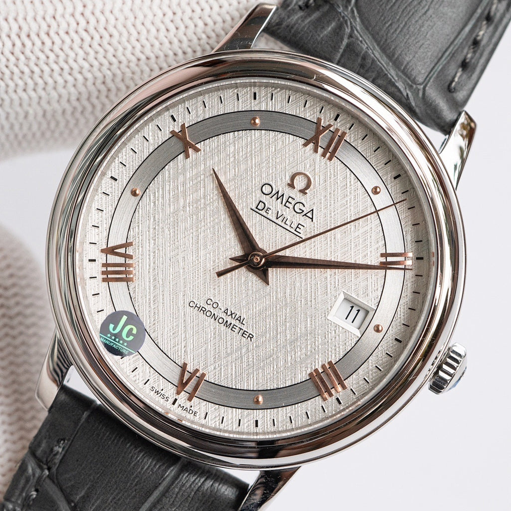 Omega wristwatch with white dial, rose-gold hands, date window, black leather strap