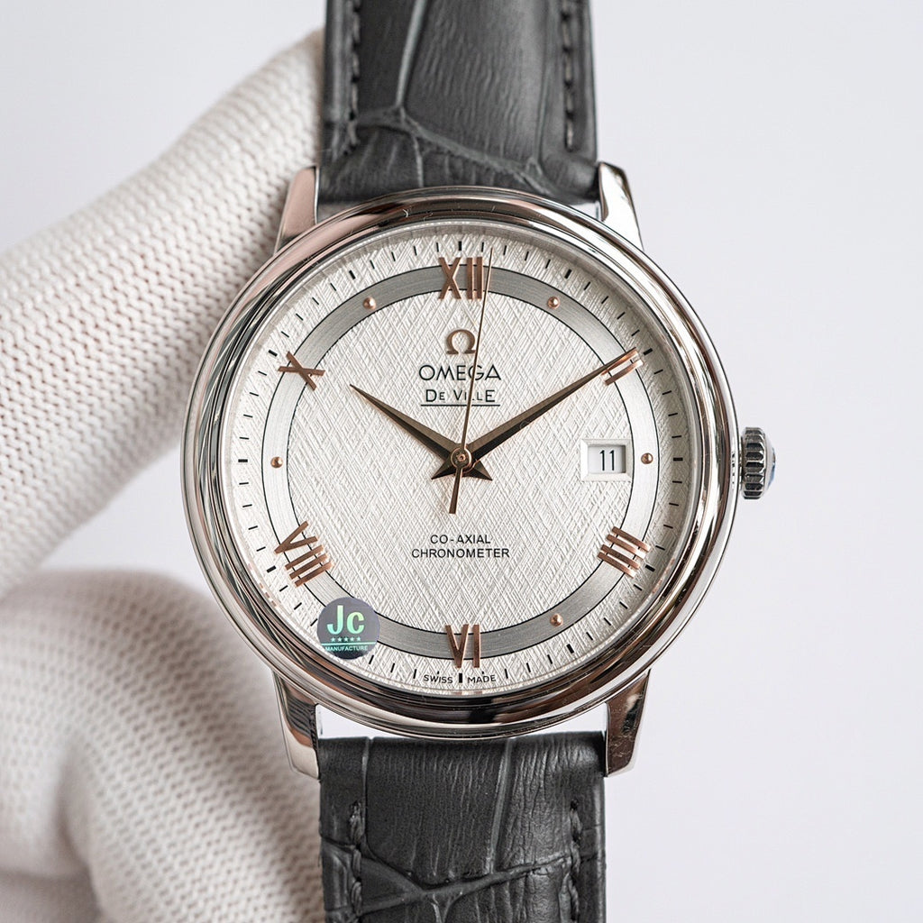 Omega wristwatch with white dial, rose-gold markers, date window, black leather strap