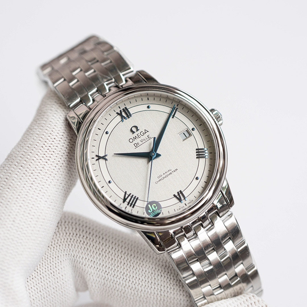 Omega De Ville wristwatch with stainless steel bracelet and cream dial, Roman numerals