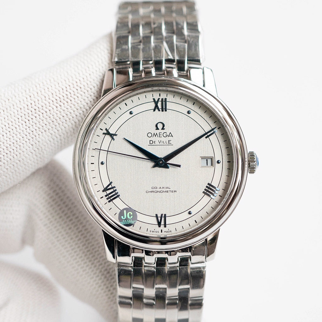 Omega De Ville wristwatch with stainless steel bracelet and silver dial, Roman numerals