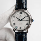 Omega De Ville wristwatch with blue leather strap and silver dial, Roman numerals