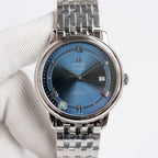 Omega De Ville wristwatch with steel bracelet and blue dial, Roman numerals and date window