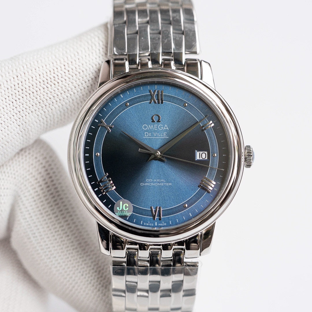 Omega De Ville wristwatch with steel bracelet and blue dial, Roman numerals and date window
