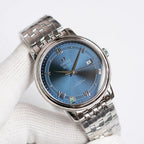 Omega De Ville wristwatch with steel bracelet, blue dial and silver bezel with crown on side