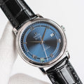Omega De Ville wristwatch with black leather strap and blue dial, silver case and crown