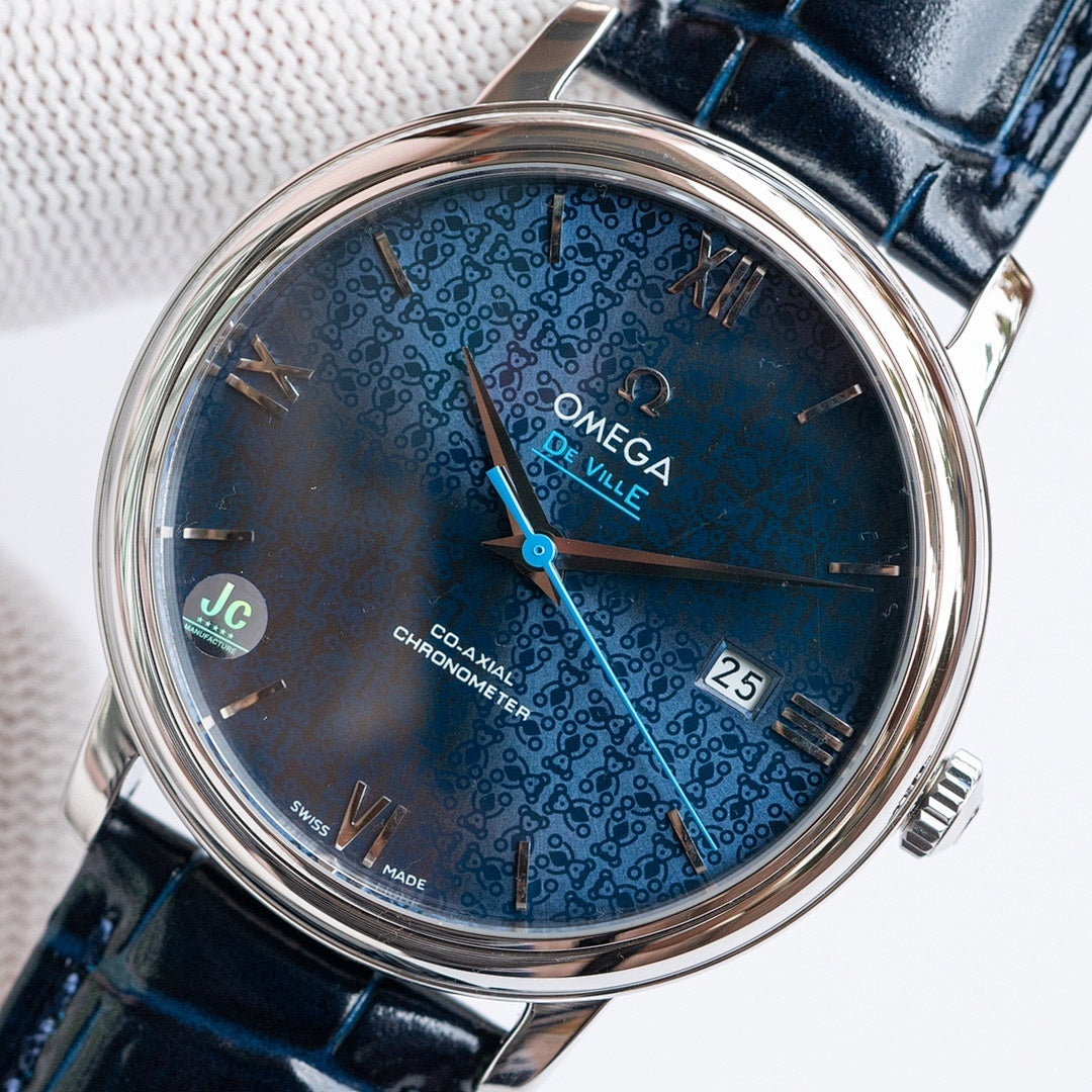 Omega De Ville watch with blue patterned dial and dark blue leather strap