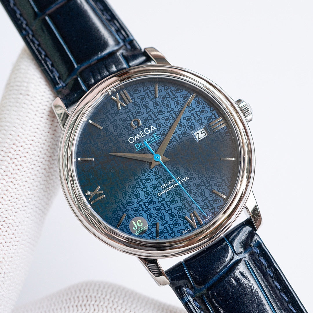Omega watch with blue patterned dial and dark blue leather strap, roman numerals