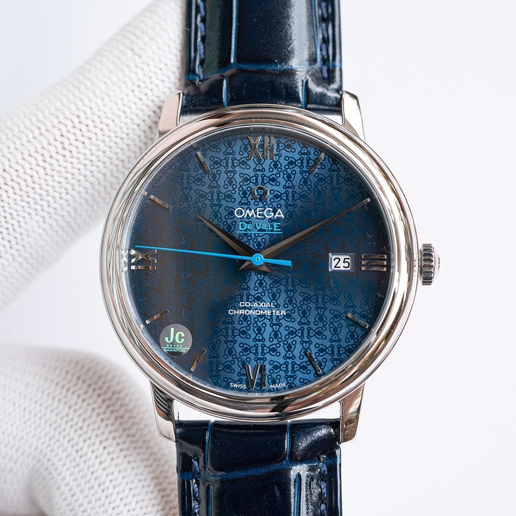 Omega watch with blue patterned dial and dark blue leather strap, date window