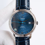 Omega watch with blue patterned dial and dark blue leather strap, date window