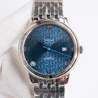 Omega watch with blue patterned dial and silver metal bracelet, roman numerals