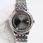 Omega De Ville wristwatch with steel bracelet, dark dial, date window at 8.