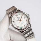 Omega De Ville wristwatch with steel bracelet, white dial, date at 31