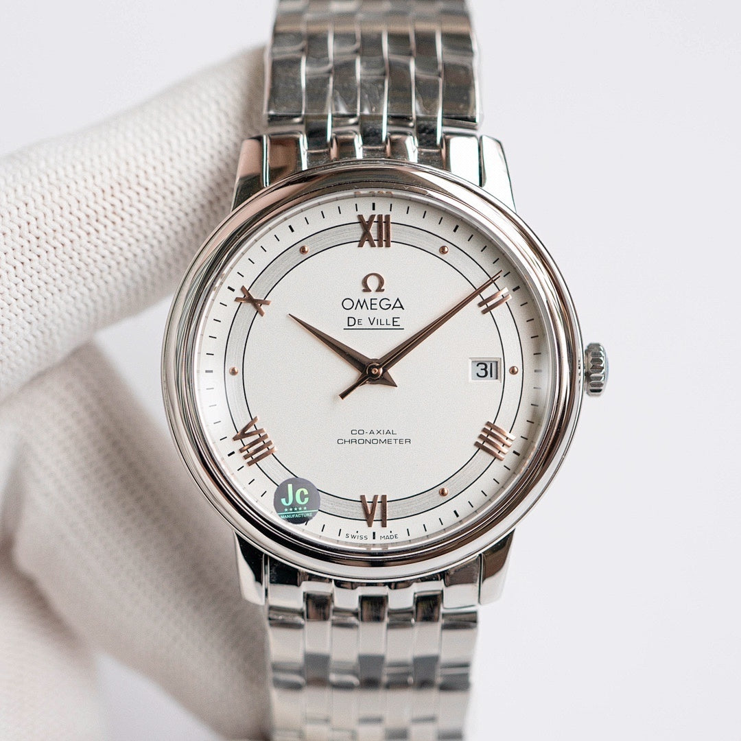 Omega De Ville wristwatch with stainless-steel bracelet, white dial, date window at 31