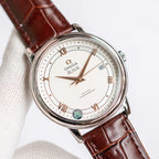 Omega De Ville wristwatch on brown leather strap, white dial, silver case, date at 18
