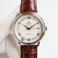 Omega De Ville wristwatch on brown leather strap, silver case, white dial, date at 18