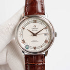Omega De Ville wristwatch on brown leather strap, silver case, white dial, date at 18
