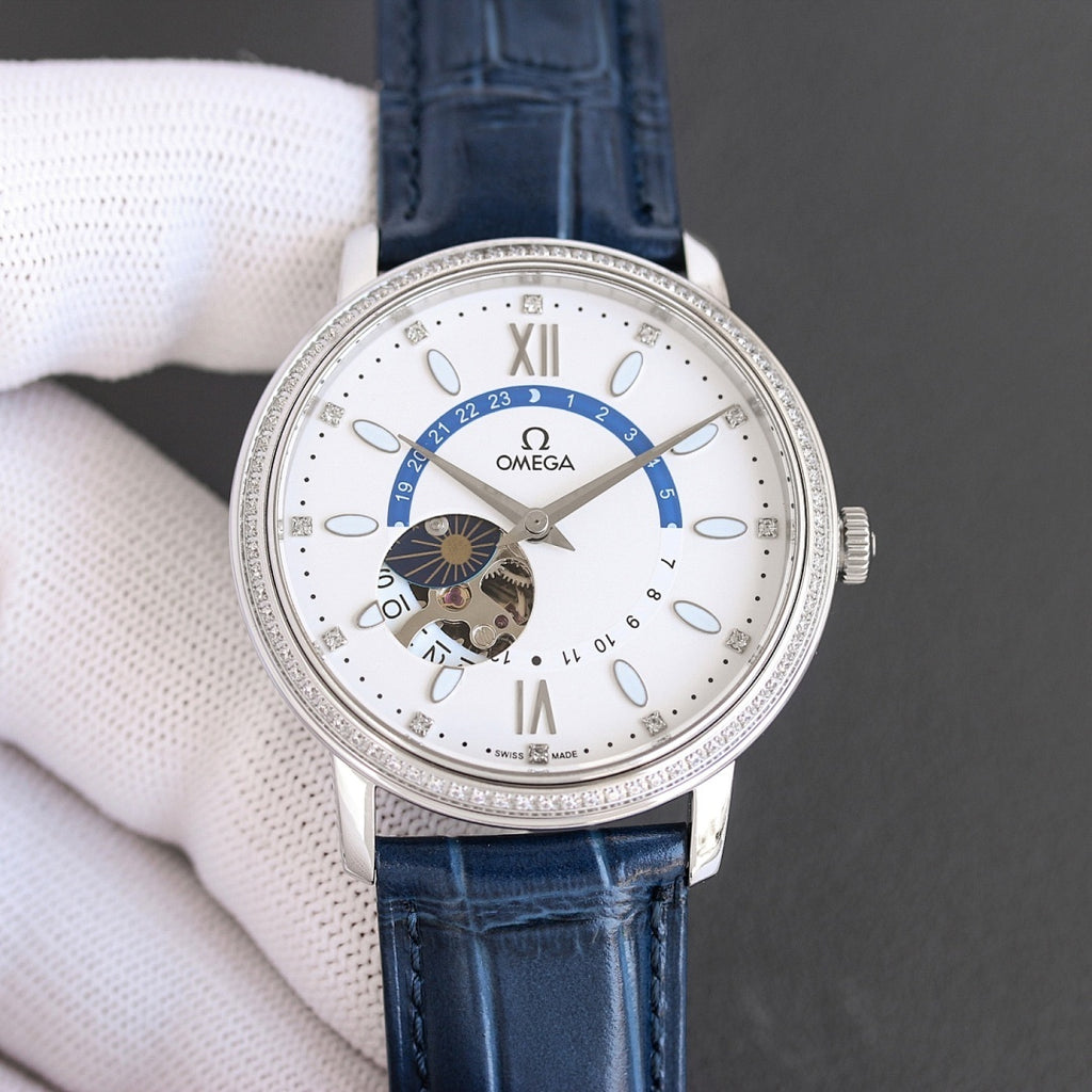 Omega watch with silver case, white dial, blue leather strap, blue subdial detail