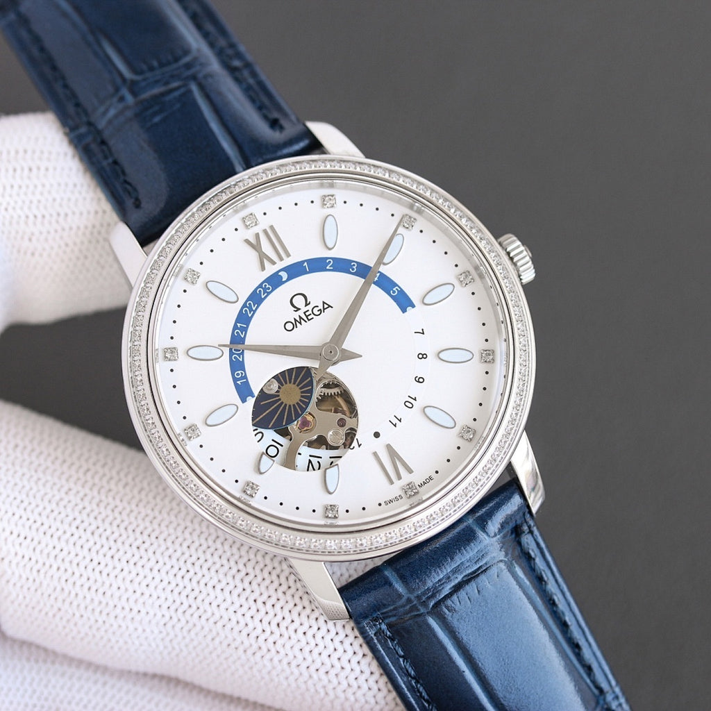 Omega watch with silver case, white dial, blue leather strap, skeleton-style detail