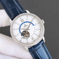 Omega watch with silver case, white dial, blue leather strap, skeleton-style detail