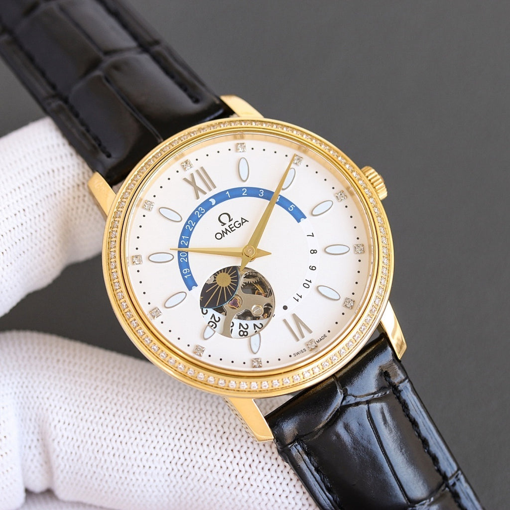 Omega watch with gold case, white dial, blue leather strap, blue seconds ring