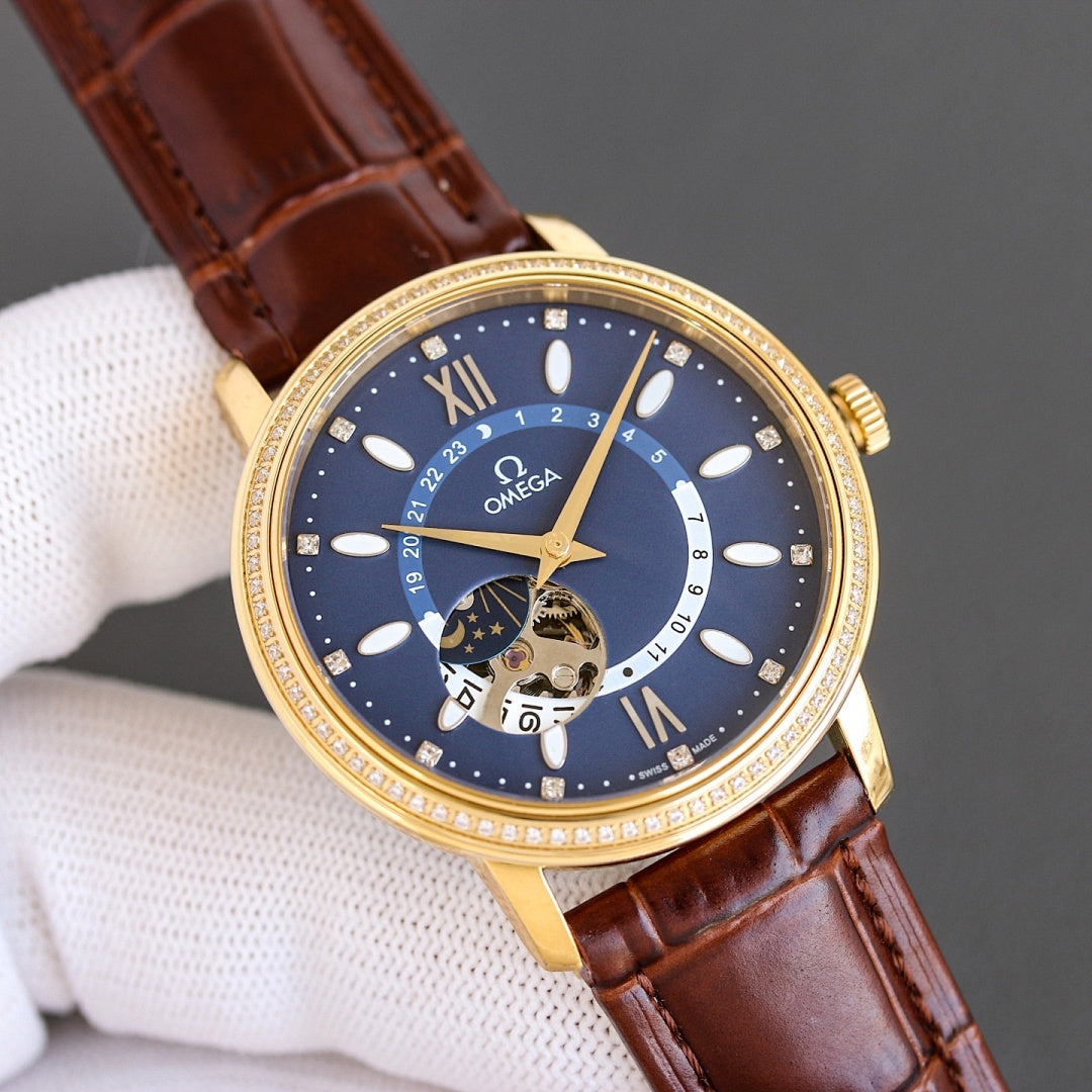 Omega watch with gold case, dark blue dial, brown leather strap, starry subdial
